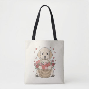 Cute Puppy with Heart and Rose Basket illustration Tote Bag