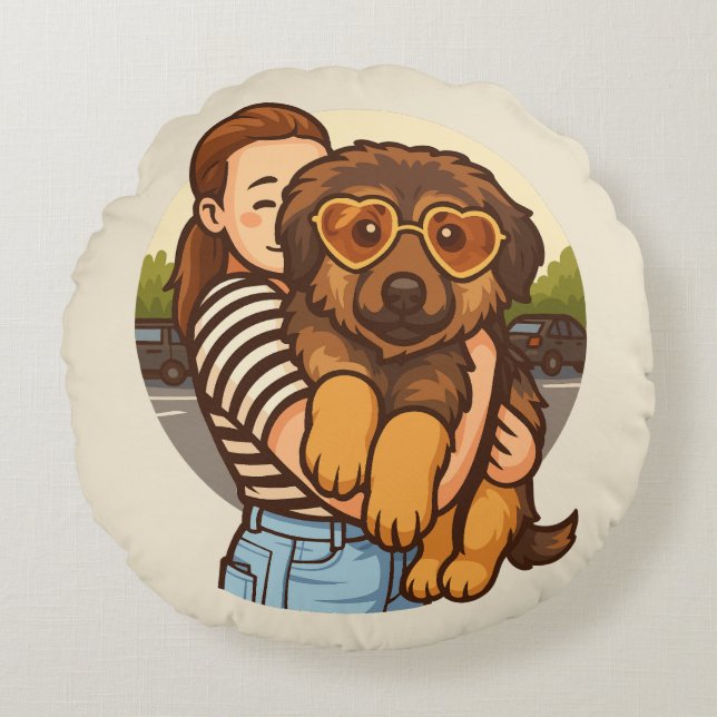 Cute Puppy with Heart Sunglasses  Round Cushion (Front)