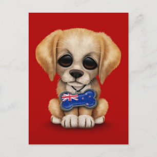 Cute Puppy with New Zealand Flag Tag, red Postcard