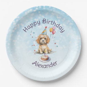 Cute Puppy with Party Hat Birthday Paper Plate