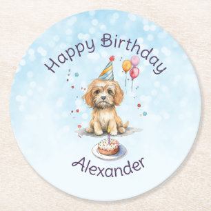 Cute Puppy with Party Hat Birthday Round Paper Coaster