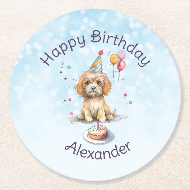 Cute Puppy with Party Hat Birthday Round Paper Coaster (Front)