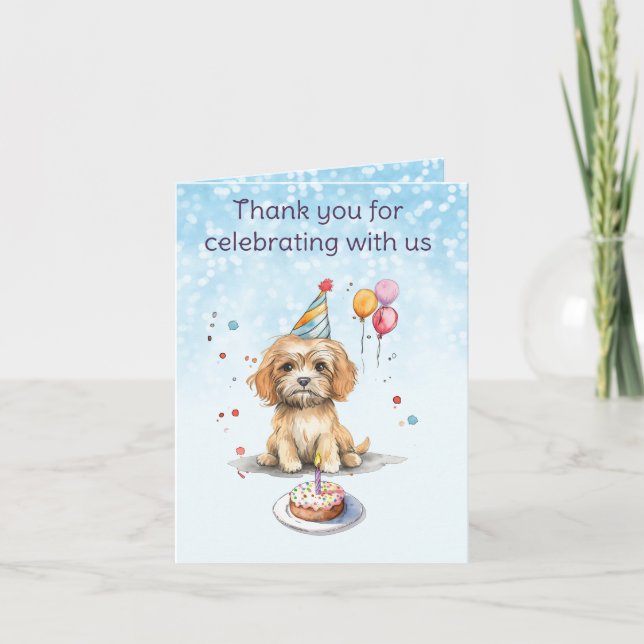 Cute Puppy with Party Hat Birthday Thank You Card (Front)