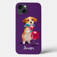 Cute Puppy with Pink Balloons Custom Purple
