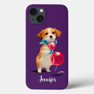 Cute Puppy with Pink Balloons Custom Purple iPhone 13 Case