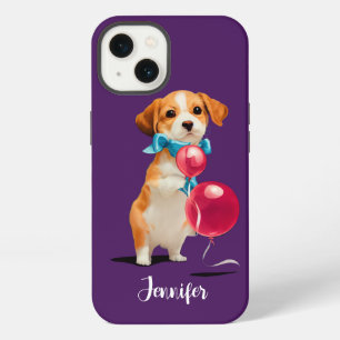 Cute Puppy with Pink Balloons Custom Purple iPhone 13 Case