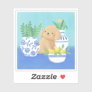 Cute Puppy with Plants, Lemons & Flower