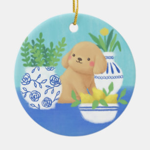 Cute Puppy with Plants, Lemons & Flower Ceramic Tree Decoration