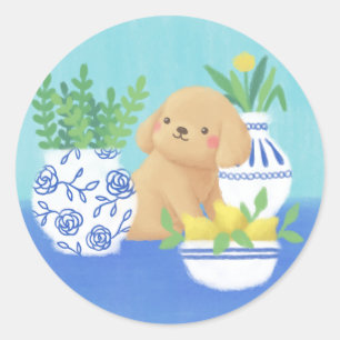 Cute Puppy with Plants, Lemons & Flower Classic Round Sticker