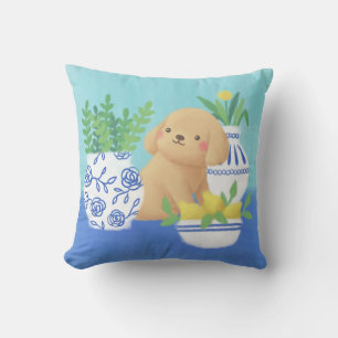 Cute Puppy with Plants, Lemons & Flower Cushion