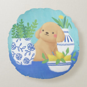 Cute Puppy with Plants, Lemons & Flower Round Cushion