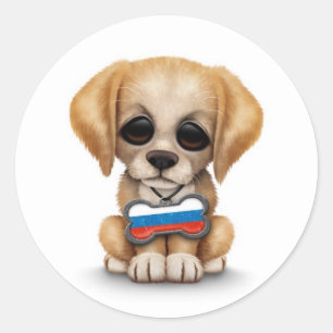 Cute Puppy with Russian Flag Dog Tag, white Classic Round Sticker