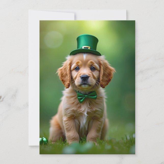 Cute puppy with St. Patrick's outfit, shamrocks  Holiday Card (Front)