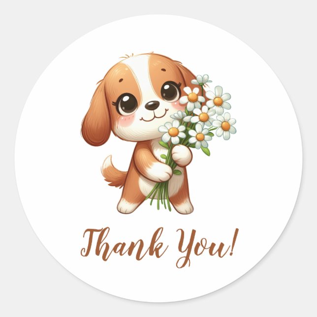 Cute Puppy with Sunflowers Thank You Classic Round Sticker (Front)