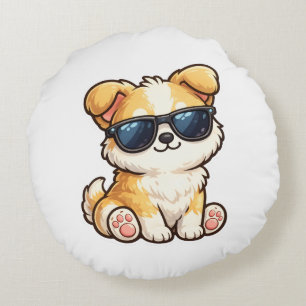 Cute Puppy with Sunglasses Kawaii Design Round Cushion