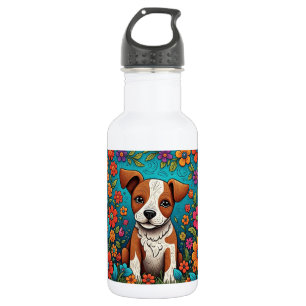 Cute Puppy with Whimsical Folk Art Flowers 532 Ml Water Bottle