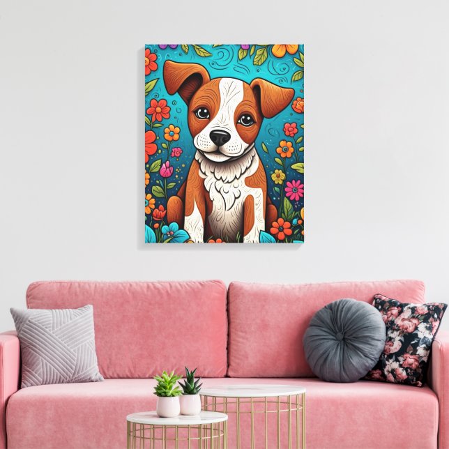 Cute Puppy with Whimsical Folk Art Flowers Canvas Print (Insitu(LivingRoom))