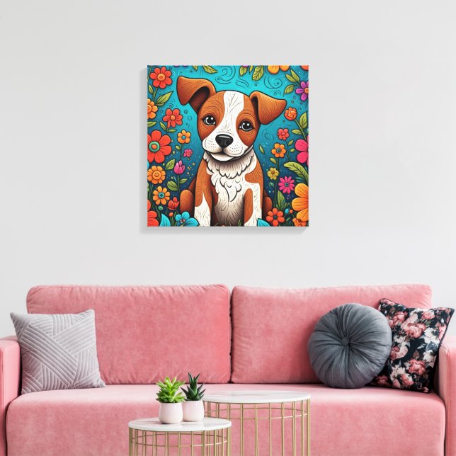Cute Puppy with Whimsical Folk Art Flowers Canvas Print (Insitu(LivingRoom))