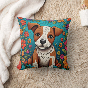 Cute Puppy with Whimsical Folk Art Flowers Cushion