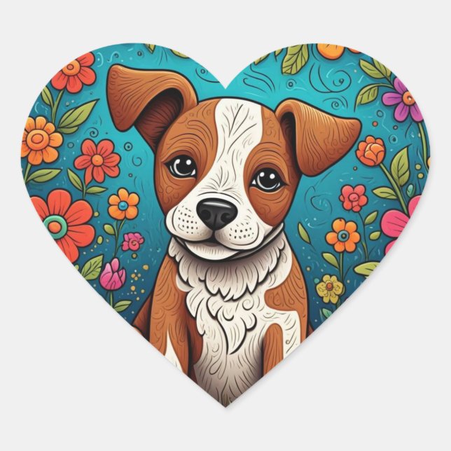 Cute Puppy with Whimsical Folk Art Flowers Heart Sticker (Front)
