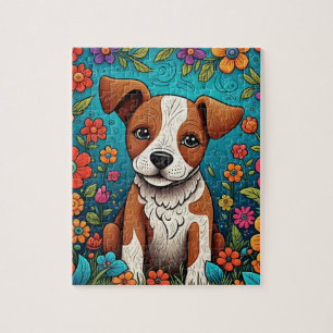 Cute Puppy with Whimsical Folk Art Flowers Jigsaw Puzzle