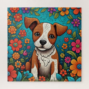 Cute Puppy with Whimsical Folk Art Flowers Jigsaw Puzzle