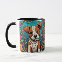 Cute Puppy with Whimsical Folk Art Flowers