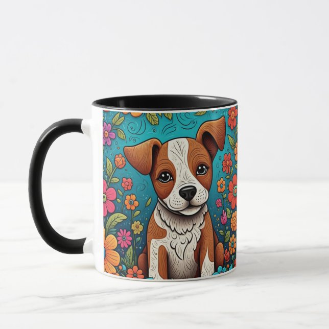 Cute Puppy with Whimsical Folk Art Flowers Mug (Left)