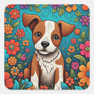 Cute Puppy with Whimsical Folk Art Flowers Square Sticker