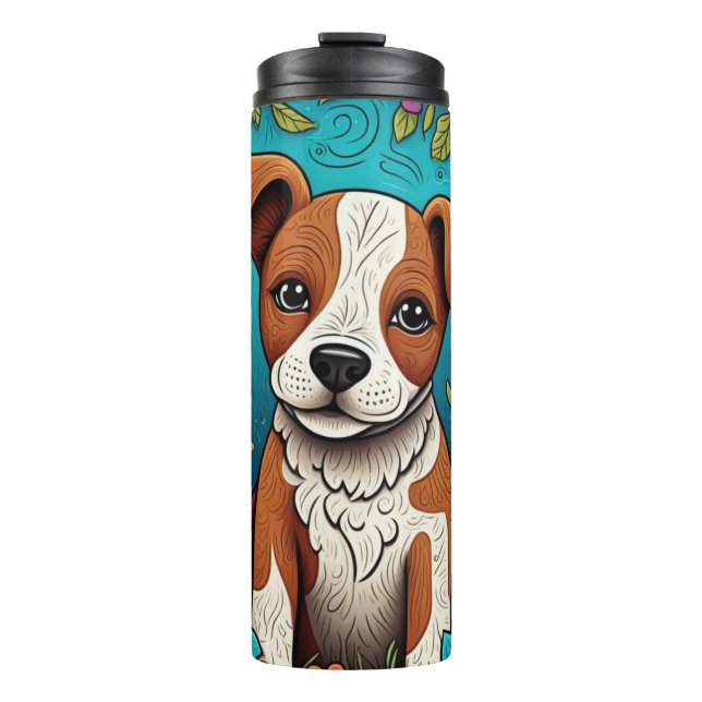Cute Puppy with Whimsical Folk Art Flowers Thermal Tumbler (Front)