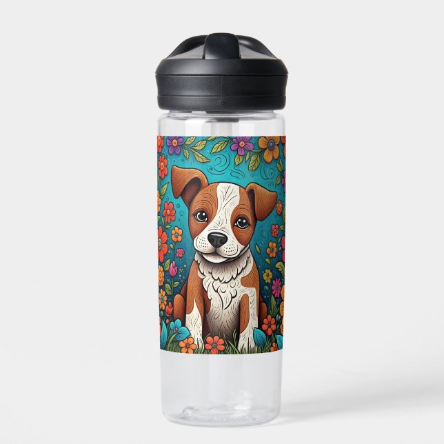 Cute Puppy with Whimsical Folk Art Flowers Water Bottle (Front)