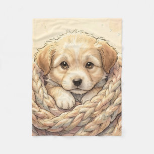 Cute puppy wrapped by knitted blanket