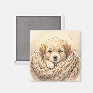 Cute puppy wrapped by knitted blanket magnet