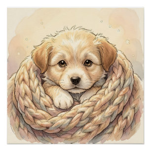 Cute puppy wrapped by knitted blanket poster