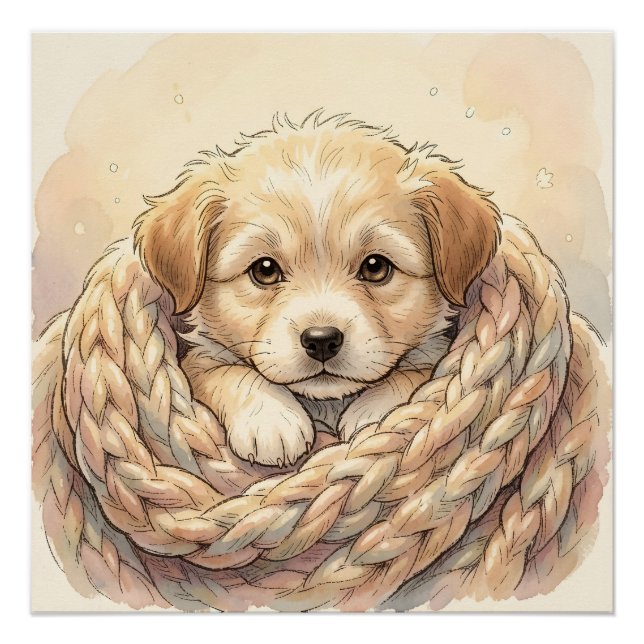 Cute puppy wrapped by knitted blanket poster (Front)