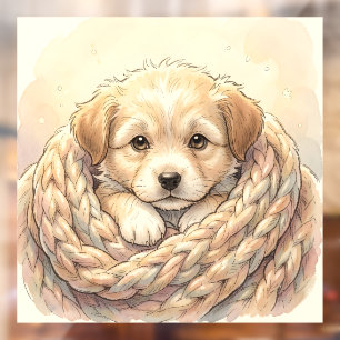 Cute puppy wrapped by knitted blanket window cling
