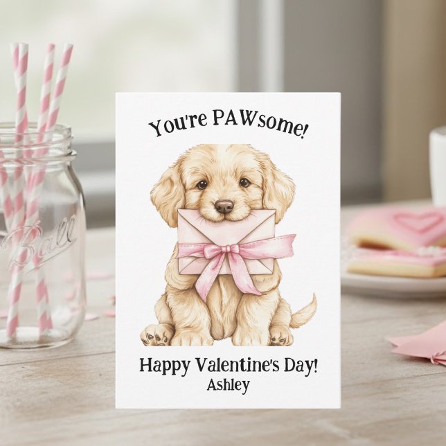 Cute Puppy You're PAWsome Pink Kids Valentine's  Card (Creator Uploaded)