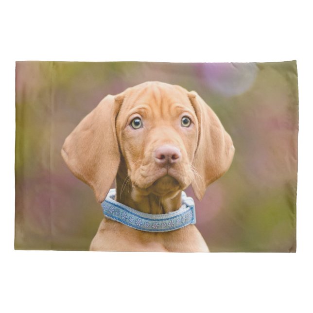 Cute puppyeyed Hungarian Vizsla Dog Puppy Photo _. Pillowcase (Back)