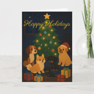 Cute Pups around the Tree Custom Christmas Card
