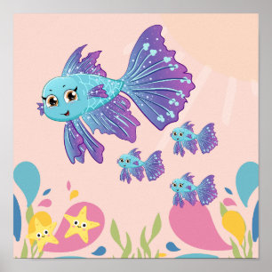 Cute purple and blue fish in ocean scene,  poster