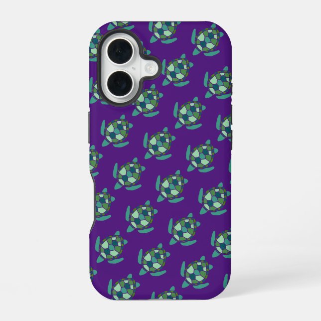 Cute Purple and Green Nautical Sea Turtle Pattern  iPhone 16 Case (Back)