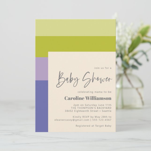 Cute Purple and Green Stripes Modern Baby Shower Invitation (Standing Front)
