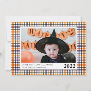 Cute Purple and Orange Plaid Halloween Photo Card