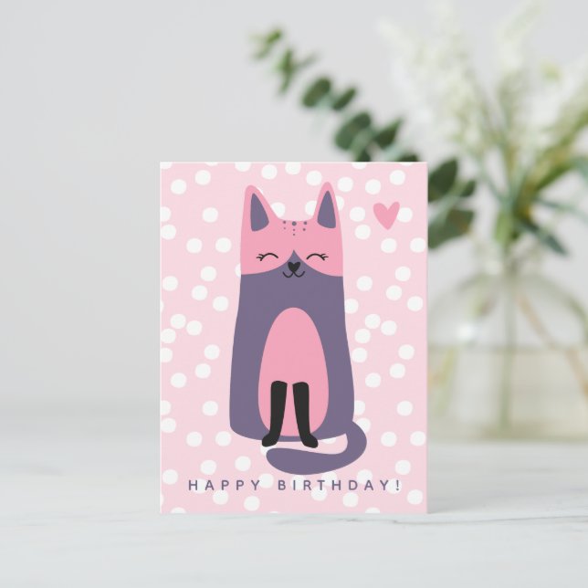 Cute Purple and Pink Cat Kids Birthday Postcard (Standing Front)
