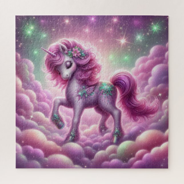 Cute purple and pink glitter bright unicorn jigsaw puzzle (Vertical)