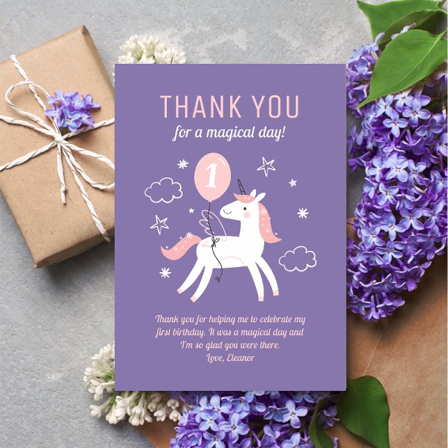 Cute Purple and Pink Unicorn Birthday Party Thank You Card (Creator Uploaded)