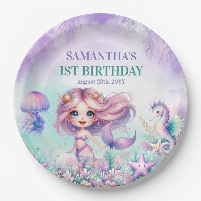 Cute purple and teal mermaid summer 1st birthday paper plate (Front)