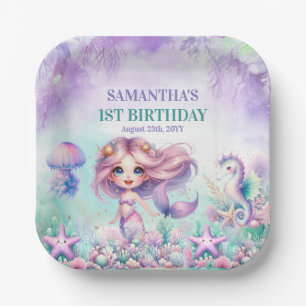 Cute purple and teal mermaid summer 1st birthday paper plate