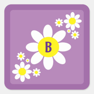 Cute Purple and White Daisies Floral Initial Square Sticker