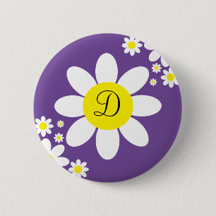 Cute Purple and White Daisy Single Initial Button